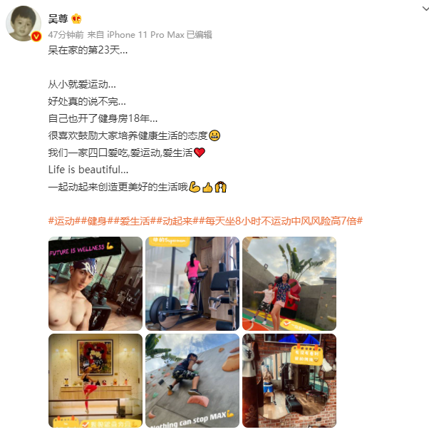 吴尊对镜自拍大秀腹肌 一家四口齐健身画面温馨